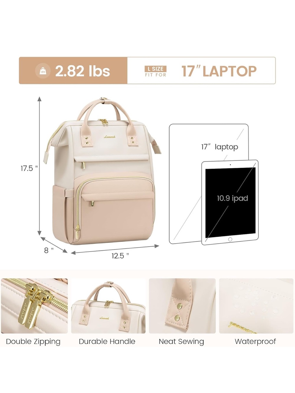 Women's Cream & Blush Laptop Backpack - Picture 3 of 6